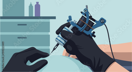 A close-up, stylized illustration of a tattoo artist's gloved hands meticulously working on a client's arm with a professional tattoo machine.