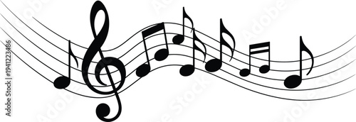 Black musical notes and treble clef on white background in a flowing arrangement black and white sheet music