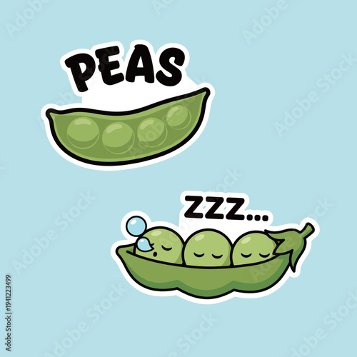Set of Green Pea Pod Stickers with Sleeping Expression and Zzz Text Vector Illustration for Healthy Food Concept and Kids Education Decor