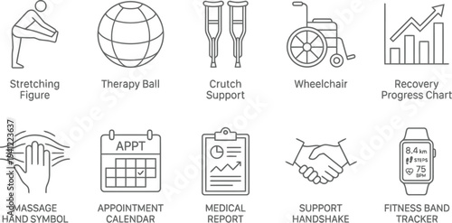 Rehabilitation icons set, physical therapy symbols, recovery progress chart, therapy tools