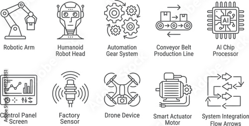 Industrial Automation Icons Set, Robotic Arm, AI Processor, Factory Sensor, Smart Motor