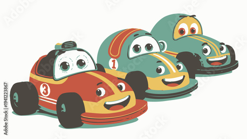 Smiling cartoon race cars speeding together in a fun competition
