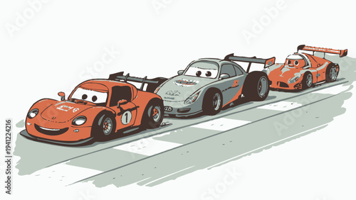 Smiling cartoon race cars speeding on track with checkered finish line