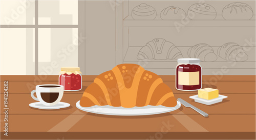 A delightful breakfast spread featuring a golden croissant, rich coffee, sweet jams, and creamy butter, perfectly arranged on a rustic wooden table by a sunlit window.