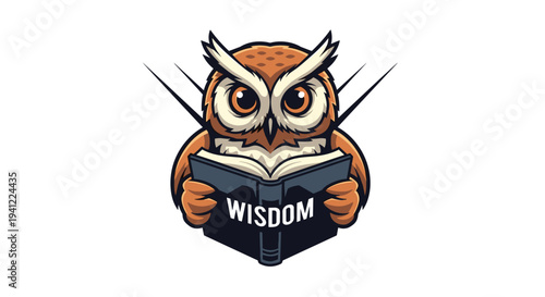A wise cartoon owl, with big expressive eyes and pointy ears, diligently reads a book titled 'Wisdom' against a clean white background, symbolizing knowledge and education.