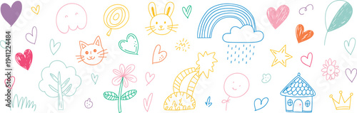 Colorful cartoon of animals, hearts, flowers, and weather on white background rabbit giraffe