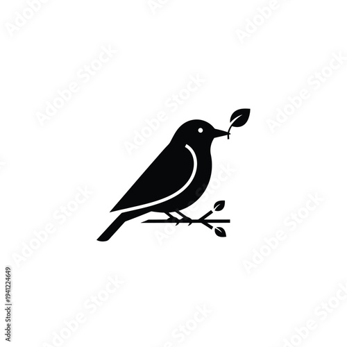 Black bird sitting on branch with leaf isolated on white background vector