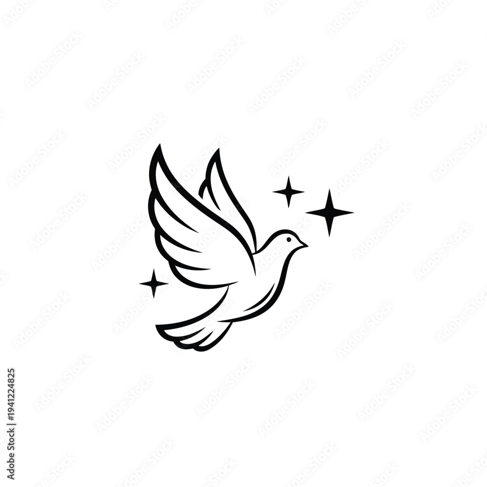Fototapeta premium Vector illustration of a flying dove with sparkles on white background isolated on white background