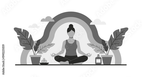 Serene black and white illustration of a woman meditating in a lotus position surrounded by plants and a rainbow, promoting mindfulness and relaxation.
