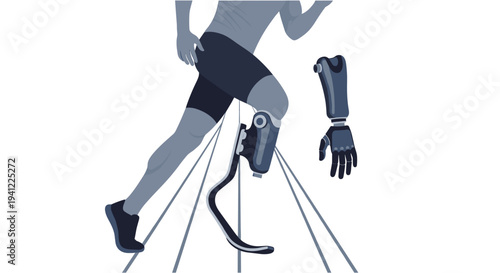 Dynamic illustration of a runner with a prosthetic leg and a separate bionic arm, symbolizing advanced medical technology and athletic achievement.
