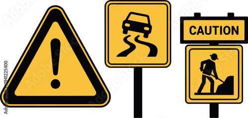 Caution and Men at Work Traffic Alert Signs