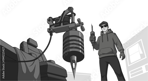 A stylized, monochromatic illustration depicting a tattoo artist with a machine next to a large, imposing tattoo gun, highlighting the tools of the trade.