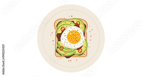 Delicious and healthy avocado toast with a perfectly fried egg, chili flakes, and a balsamic glaze, served on a rustic plate for a vibrant breakfast.