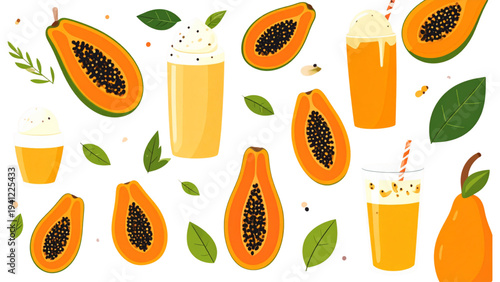 Papaya dessert and juice illustration set featuring fresh tropical fruit, drinks, and sweet food presentation in flat vector style