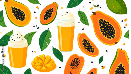Papaya dessert and juice illustration set featuring fresh tropical fruit, drinks, and sweet food presentation in flat vector style