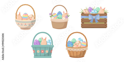 Easter egg basket vector set