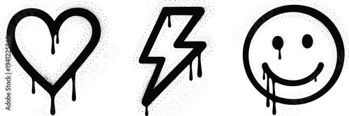 Three black dripping symbols heart lightning smiley face