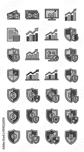 Collection of black and white security and finance icons.