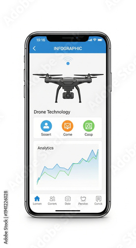 Smartphone displaying drone technology application interface with analytics graph.