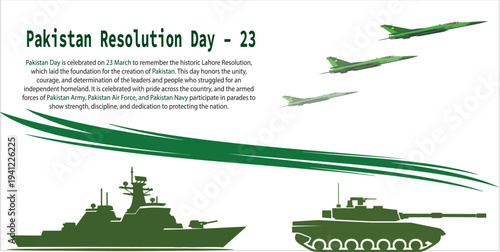Fully editable 23 March Pakistan Resolution Day Template Pakistan Day patriotic poster with fighter jets formation, navy warship, army tank and green brush wave vector design for celebration.
