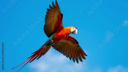 Vibrant Macaw Parrot Flying in Clear Blue Sky.