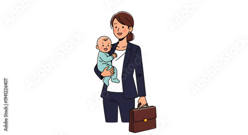 Empowered professional woman balancing career and family responsibilities, confidently holding her baby and a briefcase, symbolizing the journey of a modern working mother