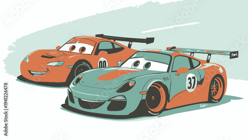 Two cartoon race cars speeding together on track