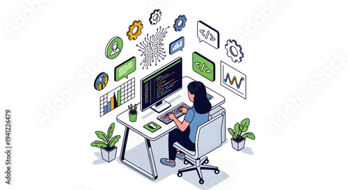 A female programmer is coding on a computer, surrounded by tech icons, data graphs, and software development symbols, representing a modern digital workspace and innovation