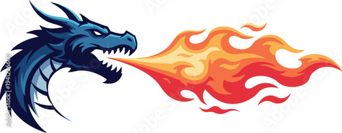 Blue Water Dragon Breathing Fire Mascot Illustration