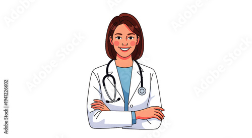 Professional female doctor with stethoscope around her neck, standing with arms crossed, representing healthcare and medical expertise
