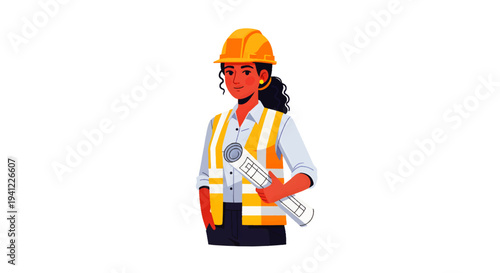 Woman wearing a hard hat and safety vest holding blueprints, illustrating construction, engineering, or architecture professions