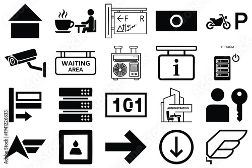 Set of 20 black and white vector icons for public places, navigation, and business services, including security, waiting areas, information, and administration signs
