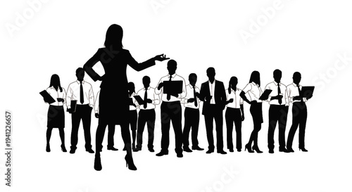 Silhouette of a confident female leader guiding her team of professionals, showcasing teamwork and corporate success