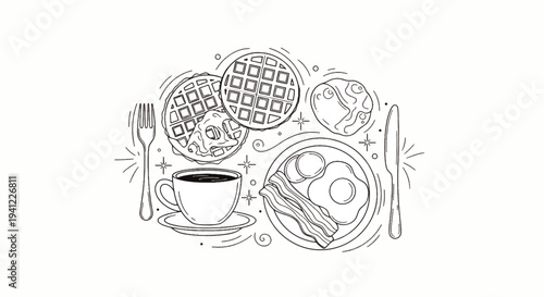 Delicious morning breakfast spread featuring crispy waffles, savory bacon, fried eggs, and a steaming cup of coffee, all captured in a charming line art illustration