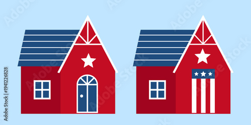 American Patriotic USA house flat vector illustration set.
Red white blue USA home Design Clipart set.