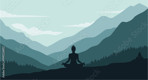 A serene silhouette of a person meditating in the lotus position amidst a tranquil mountain landscape, promoting mindfulness and inner peace.