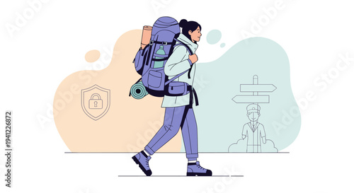 A determined female hiker with a large backpack embarks on an adventure, illustrating themes of exploration, journey, and outdoor recreation.
