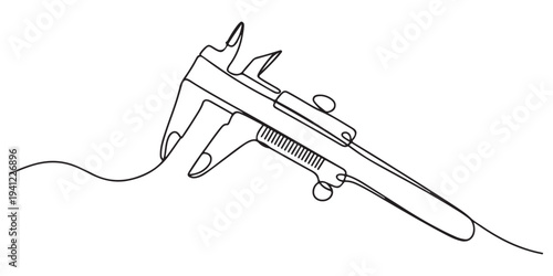 Caliper Tool continuous one line drawing minimalism design, A simple line drawing of a Vernier Caliper, Different engineering drawings and vernier caliper on gray textured table, top view. Space pro.