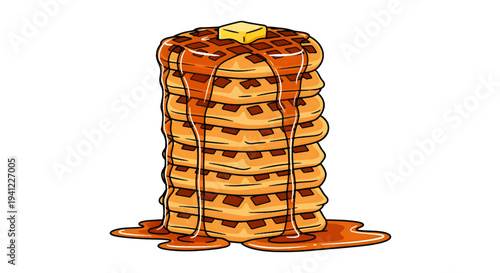 A delightful towering stack of golden-brown waffles, generously drenched in rich maple syrup and adorned with a melting pat of butter, perfect for a hearty and sweet breakfast or brunch