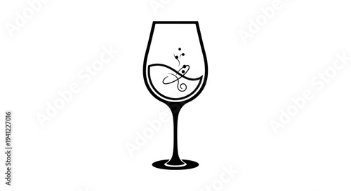 Elegant Wine Glass with Abstract Swirl and Bubbles - Minimalist Black and White Design