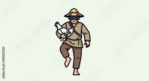Farmer carrying chicken, wearing mask and hat, walking barefoot