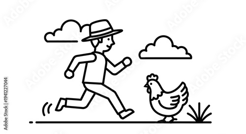 Farmer Chasing Chicken in Field