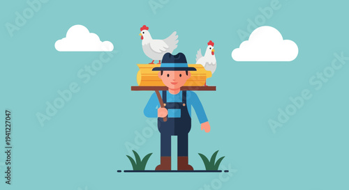 Farmer Carrying Chickens and Hay Bales on Shoulders, Rural Farm Life