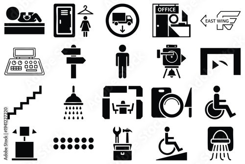 Set of 20 black and white vector icons for public signs, airport, and office navigation, including sleeping, locker, restroom, delivery, office, East Wing, keyboard, signpost, male, camera, play