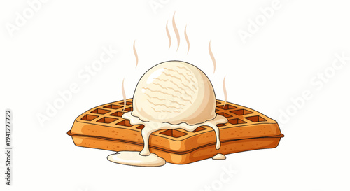 Delicious waffle with a scoop of vanilla ice cream melting on top, creating a sweet and satisfying dessert