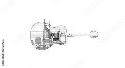 Guitar silhouette filled with city skyline sketch, music and urban life concept