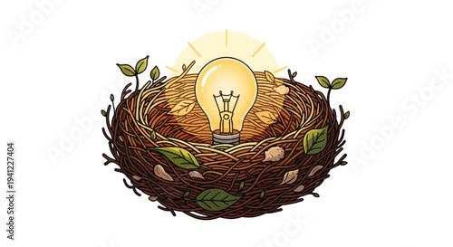 A glowing light bulb nestled within a natural bird's nest, symbolizing the birth of a fresh idea, innovation, creativity, growth, and the nurturing of new beginnings