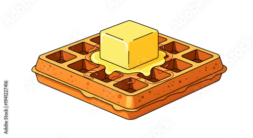 Delicious golden brown waffle adorned with a generous square of melting yellow butter, an inviting and sweet breakfast or dessert icon in a charming cartoon style