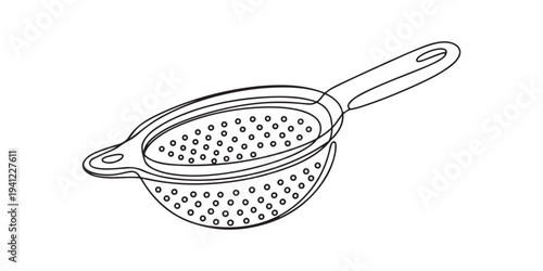 Hand-drawn kitchen strainer with handle – simple line art illustration. Continuous line drawing of a wire mesh strainer with handle. 