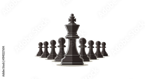 Powerful black chess king leading a unified team of pawns, symbolizing strategic leadership, power, and success in a competitive environment